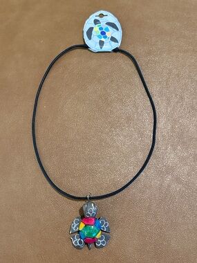 New Marble Turtle Pendant Necklace - Black Stretchy Cord.